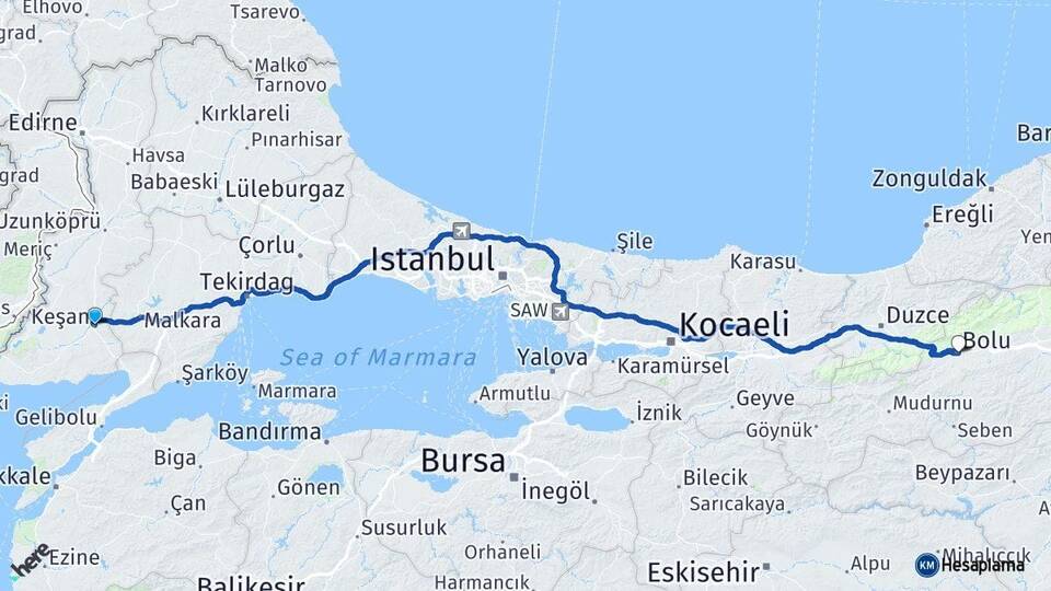 Edirne Keşan Bolu Arası Kaç Km - Yol Haritası
