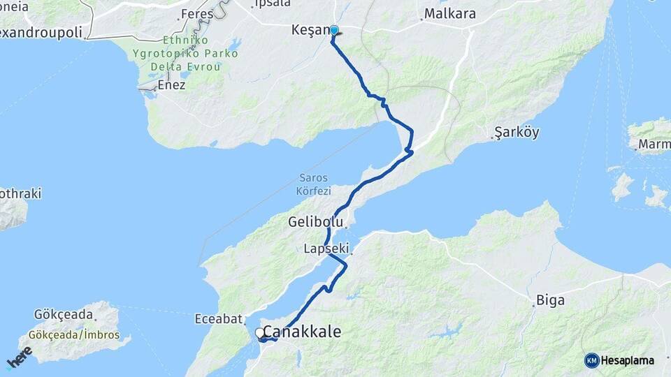 Edirne Keşan Çanakkale Arası Kaç Km - Yol Haritası