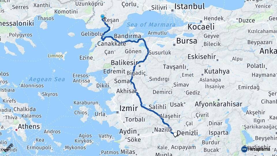 Edirne Keşan Denizli Arası Kaç Km - Yol Haritası
