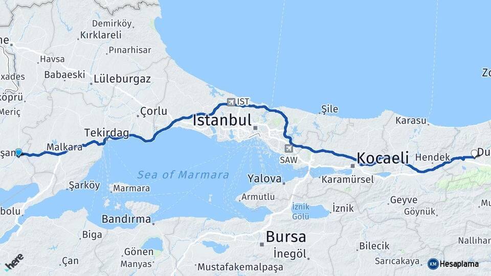 Edirne Keşan Düzce Arası Kaç Km - Yol Haritası