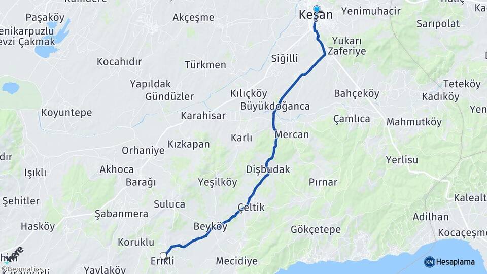 Edirne Keşan Erikli Keşan Arası Kaç Km - Yol Haritası