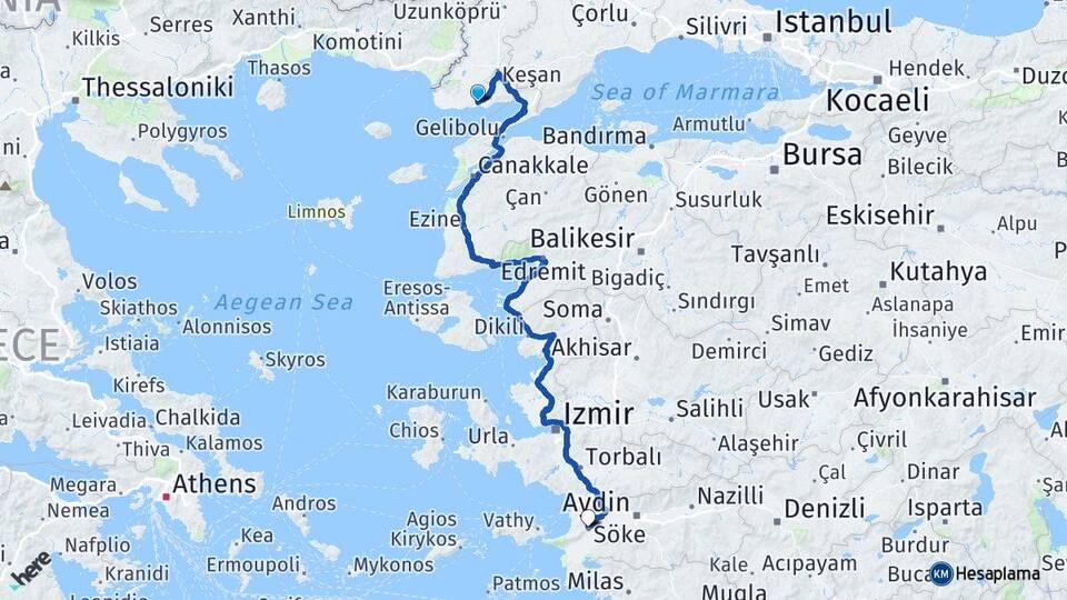 Edirne Keşan Erikli Söke Aydın Arası Kaç Km - Yol Haritası