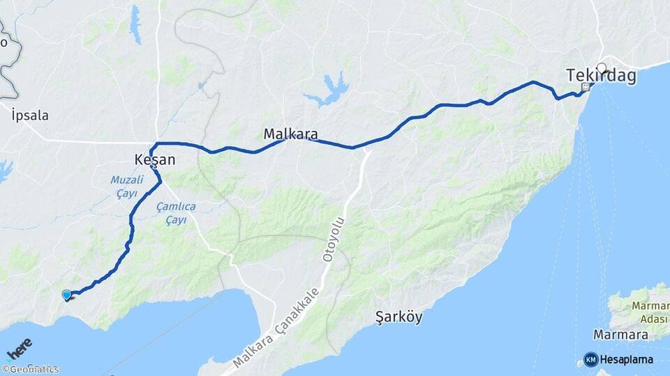 Edirne Keşan Erikli Tekirdağ Arası Kaç Km - Yol Haritası