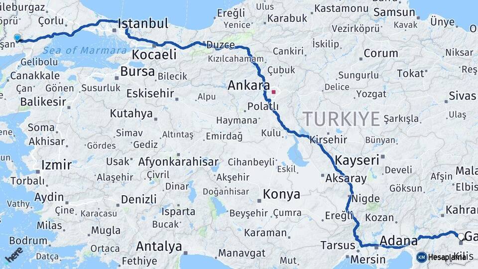 Edirne Keşan Gaziantep Arası Kaç Km - Yol Haritası