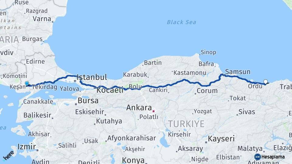 Edirne Keşan Giresun Arası Kaç Km - Yol Haritası