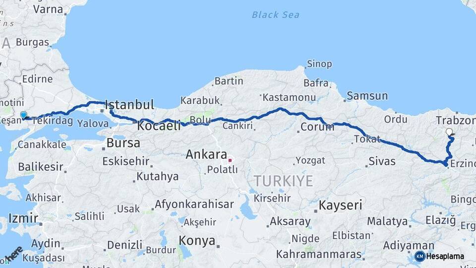 Edirne Keşan Gümüşhane Arası Kaç Km - Yol Haritası