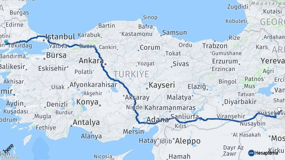 Edirne Keşan Hakkari Arası Kaç Km - Yol Haritası