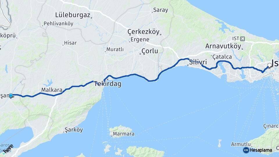 Edirne Keşan İstanbul Arası Kaç Km - Yol Haritası