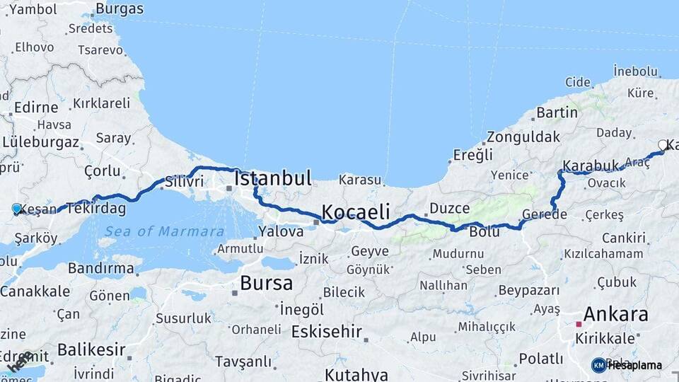 Edirne Keşan Kastamonu Arası Kaç Km - Yol Haritası