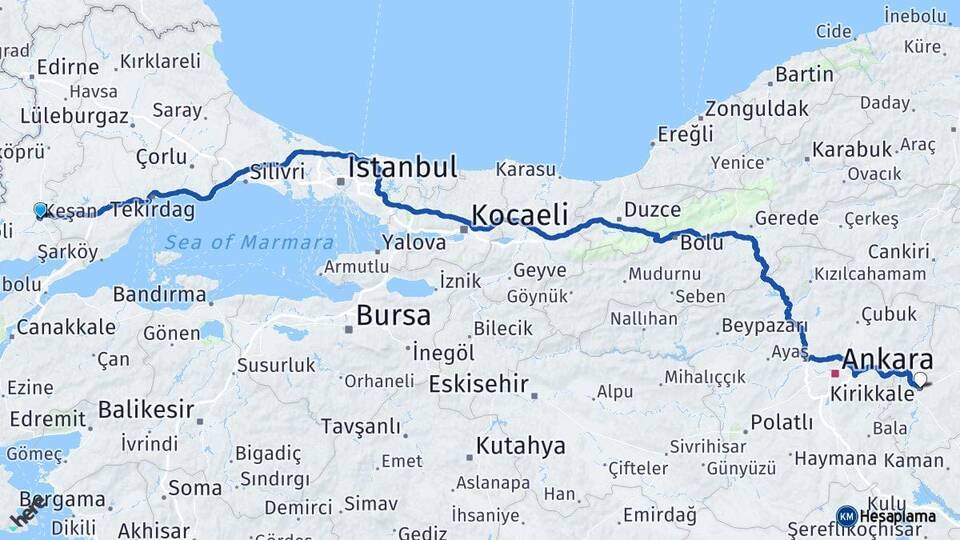 Edirne Keşan Kırıkkale Arası Kaç Km - Yol Haritası