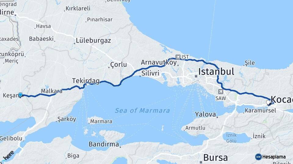 Edirne Keşan Kocaeli Arası Kaç Km - Yol Haritası