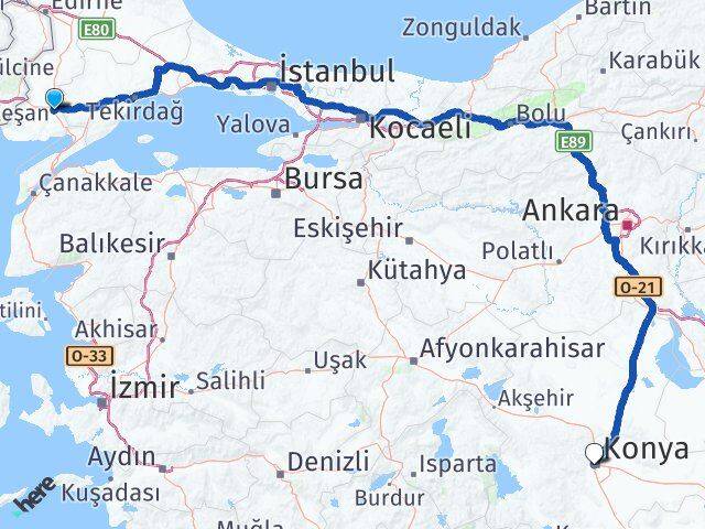 Edirne Keşan Konya Arası Kaç Km - Yol Haritası
