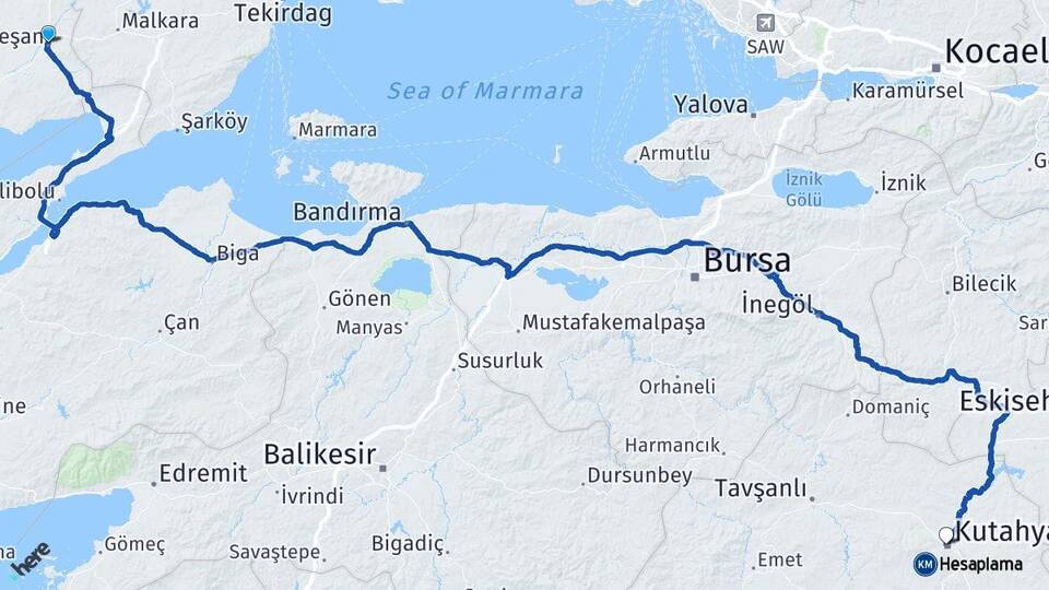 Edirne Keşan Kütahya Arası Kaç Km - Yol Haritası