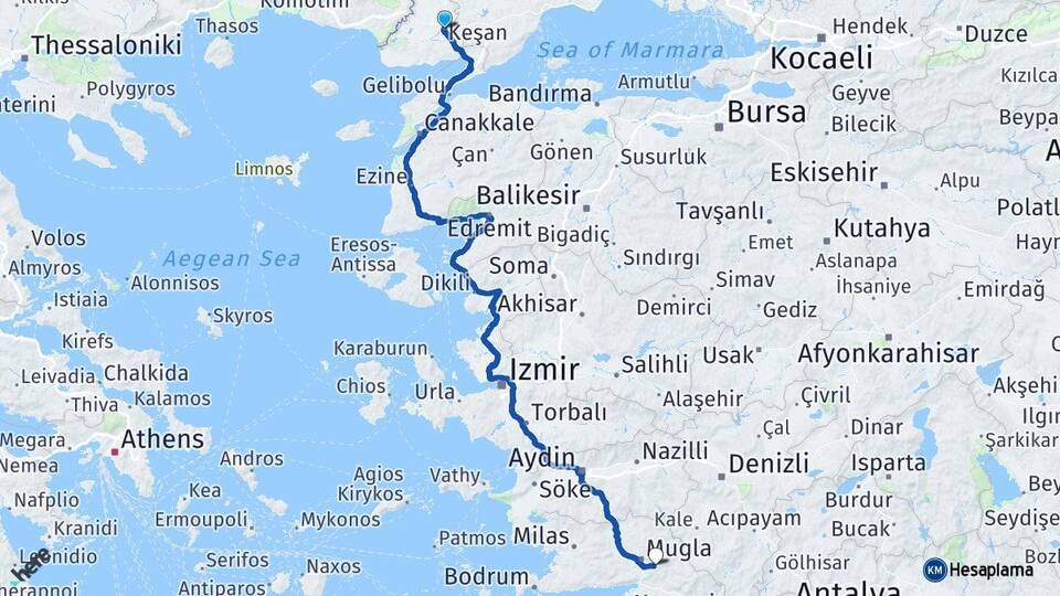 Edirne Keşan Muğla Arası Kaç Km - Yol Haritası