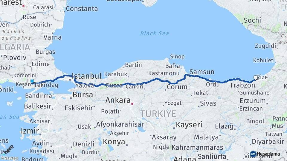 Edirne Keşan Rize Arası Kaç Km - Yol Haritası