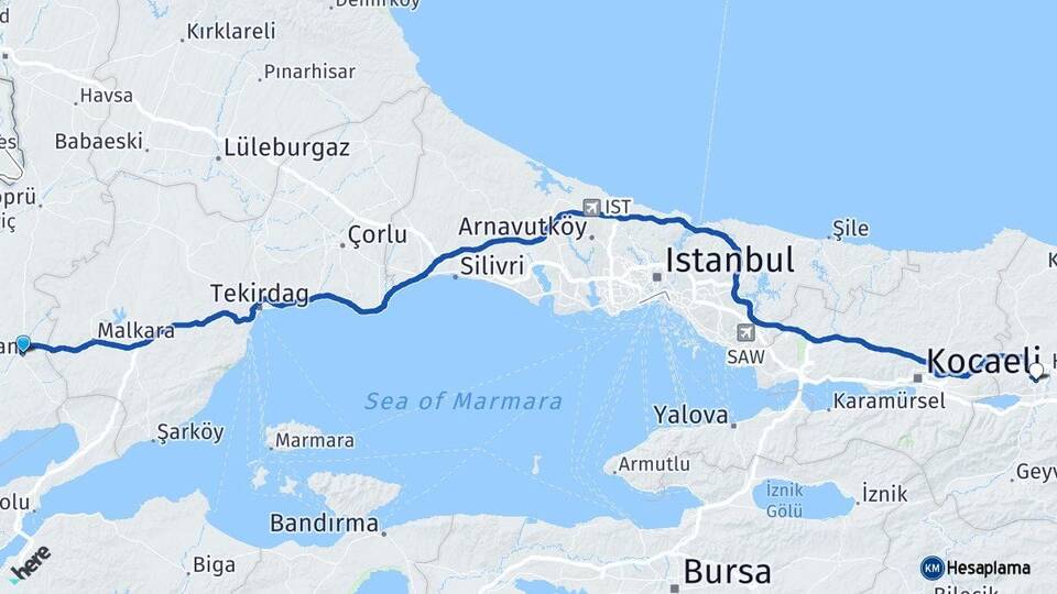 Edirne Keşan Sakarya Arası Kaç Km - Yol Haritası