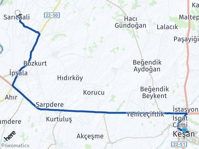 Edirne Keşan Sarıcaali İpsala Arası Kaç Km - Yol Haritası