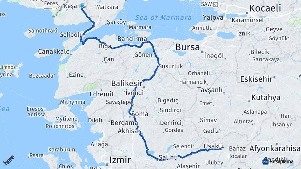 Edirne Keşan Uşak Arası Kaç Km - Yol Haritası