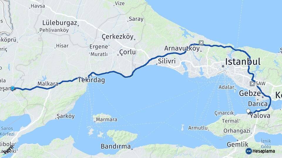 Edirne Keşan Yalova Arası Kaç Km - Yol Haritası