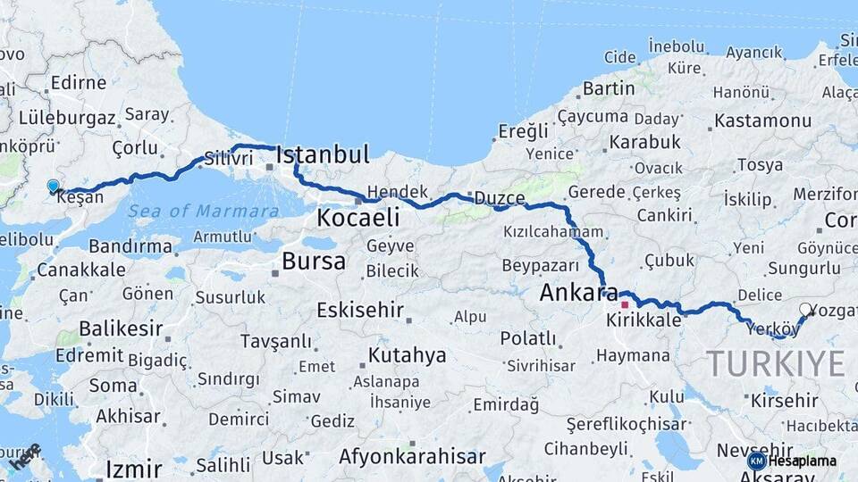Edirne Keşan Yozgat Arası Kaç Km - Yol Haritası