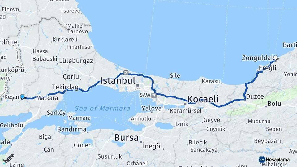 Edirne Keşan Zonguldak Arası Kaç Km - Yol Haritası