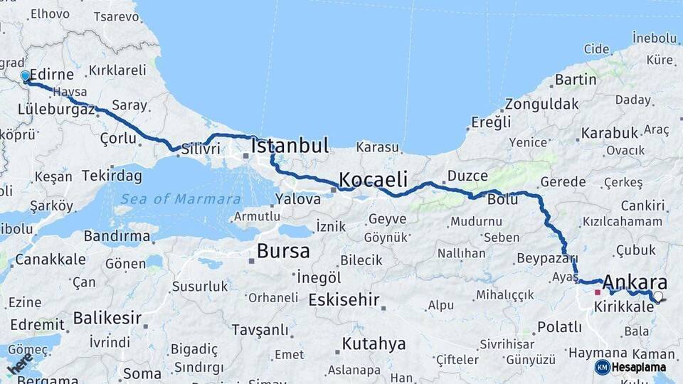 Edirne Kırıkkale Arası Kaç Km - Yol Haritası