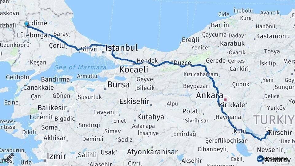 Edirne Kırşehir Arası Kaç Km - Yol Haritası