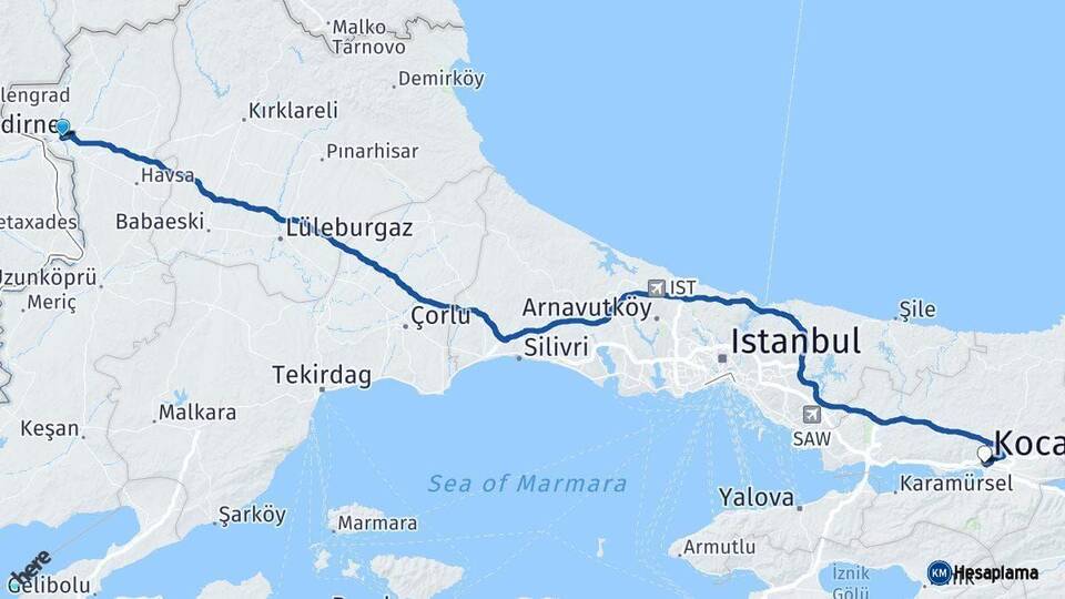 Edirne Kocaeli Arası Kaç Km - Yol Haritası