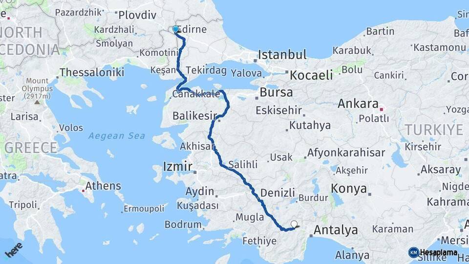 Edirne Korkuteli Antalya Arası Kaç Km - Yol Haritası
