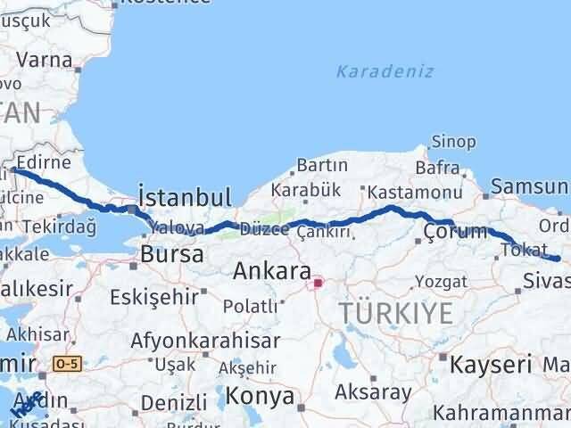 Edirne Koyulhisar Sivas Arası Kaç Km - Yol Haritası