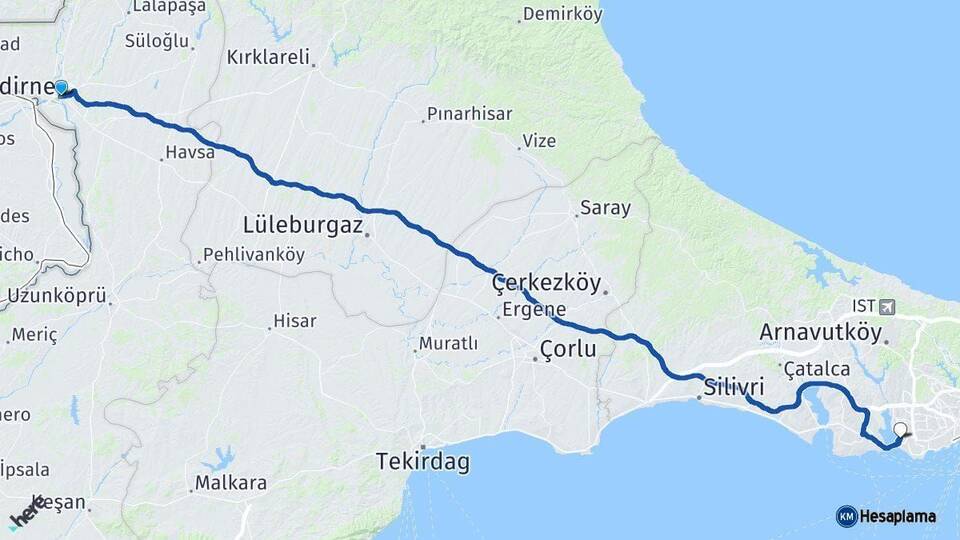 Edirne Küçükçekmece İstanbul Arası Kaç Km - Yol Haritası