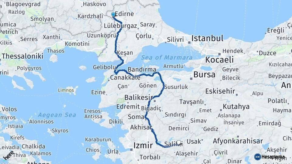Edirne Kula Manisa Arası Kaç Km - Yol Haritası