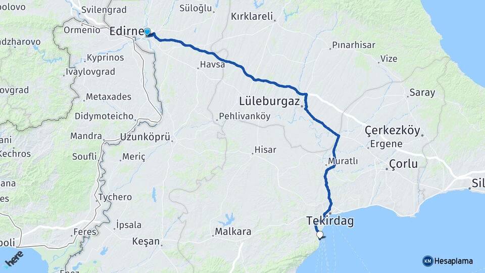 Edirne Kumbağ Süleymanpaşa Tekirdağ Arası Kaç Km - Yol Haritası