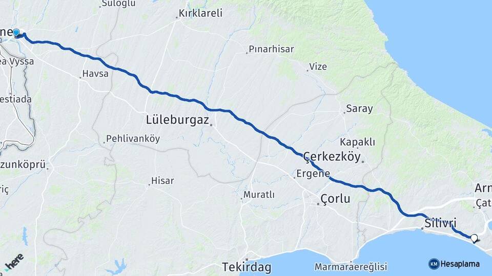 Edirne Kumburgaz Büyükçekmece İstanbul Arası Kaç Km - Yol Haritası