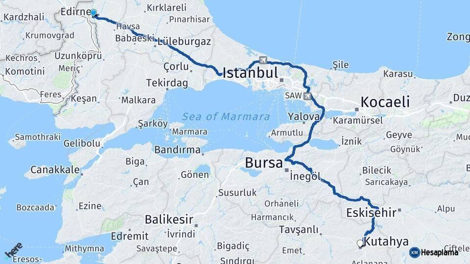 Edirne Kütahya Arası Kaç Km - Yol Haritası
