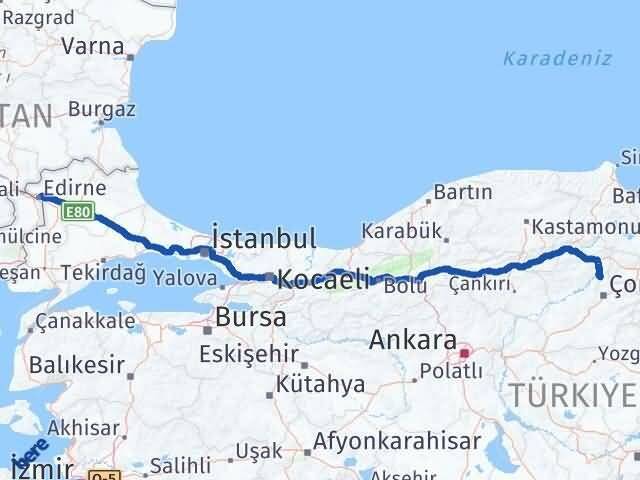 Edirne Laçin Çorum Arası Kaç Km - Yol Haritası
