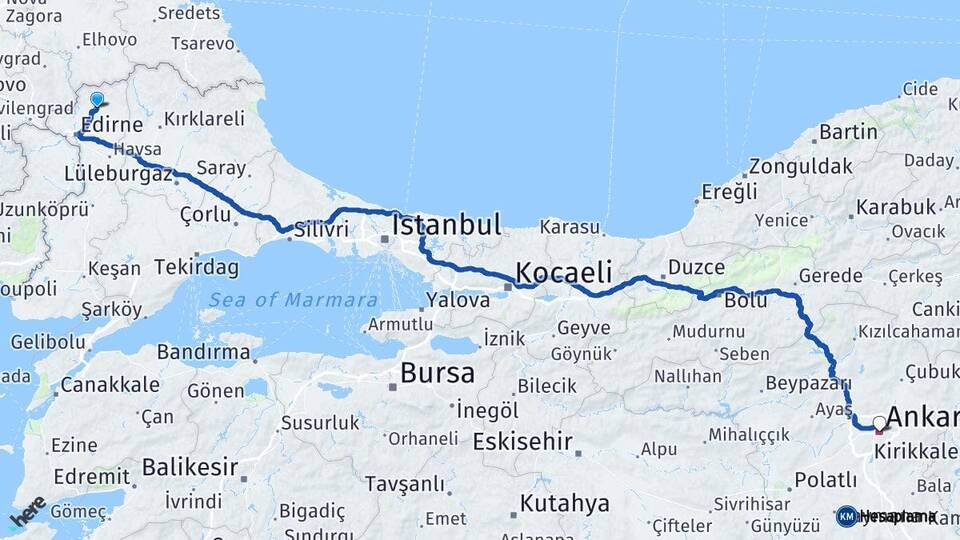 Edirne Lalapaşa Ankara Arası Kaç Km - Yol Haritası