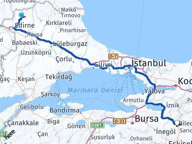 Edirne Lalapaşa Bilecik Arası Kaç Km - Yol Haritası