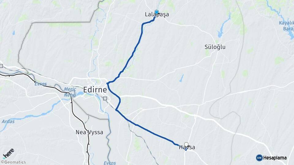 Edirne Lalapaşa Havsa Arası Kaç Km - Yol Haritası