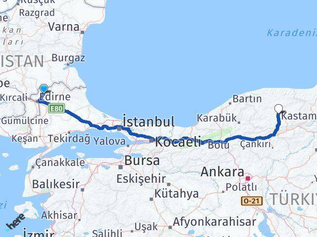 Edirne Lalapaşa Kastamonu Arası Kaç Km - Yol Haritası