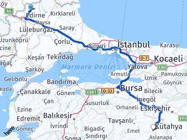 Edirne Lalapaşa Kütahya Arası Kaç Km - Yol Haritası
