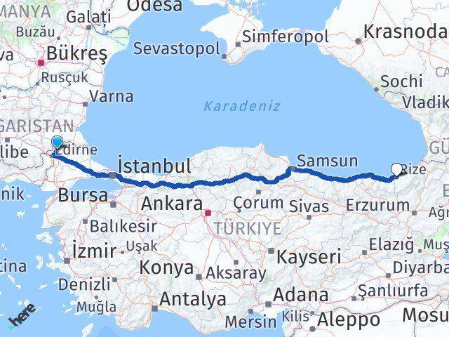 Edirne Lalapaşa Rize Arası Kaç Km - Yol Haritası