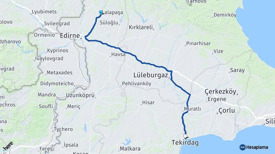 Edirne Lalapaşa Tekirdağ Arası Kaç Km - Yol Haritası