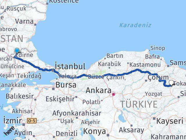 Edirne Lalapaşa Tokat Arası Kaç Km - Yol Haritası