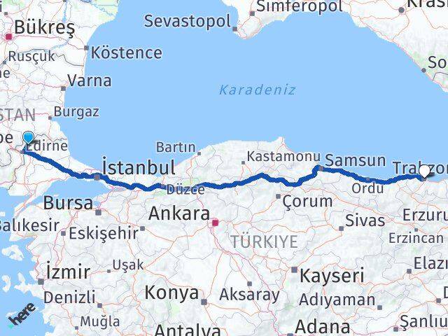 Edirne Lalapaşa Trabzon Arası Kaç Km - Yol Haritası