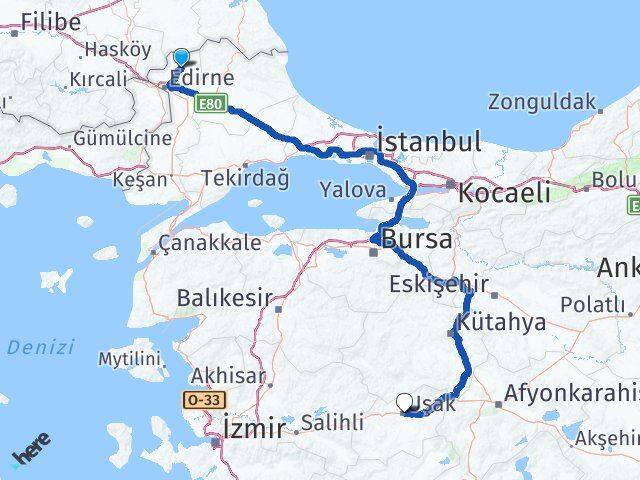 Edirne Lalapaşa Uşak Arası Kaç Km - Yol Haritası