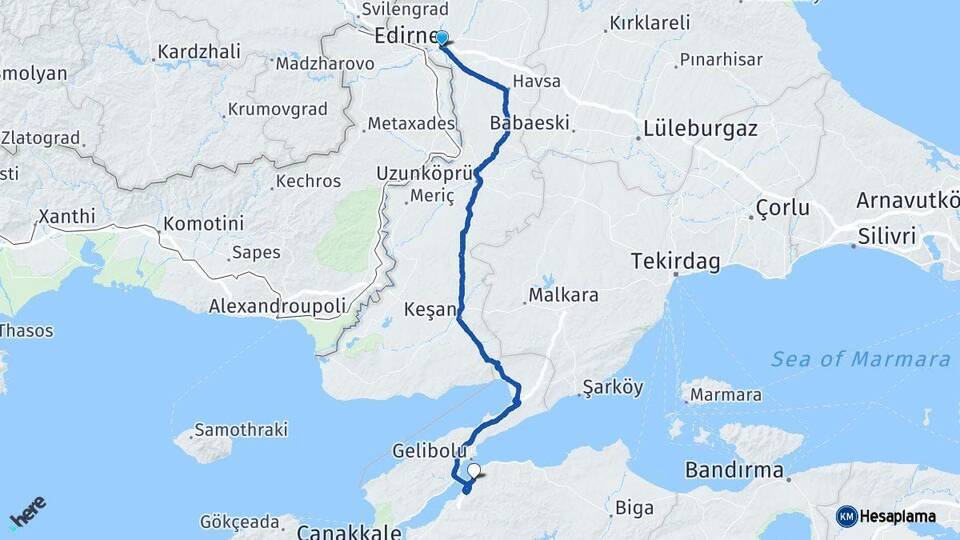 Edirne Lapseki Çanakkale Arası Kaç Km - Yol Haritası