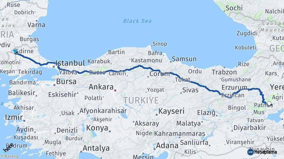 Edirne Malazgirt Muş Arası Kaç Km - Yol Haritası