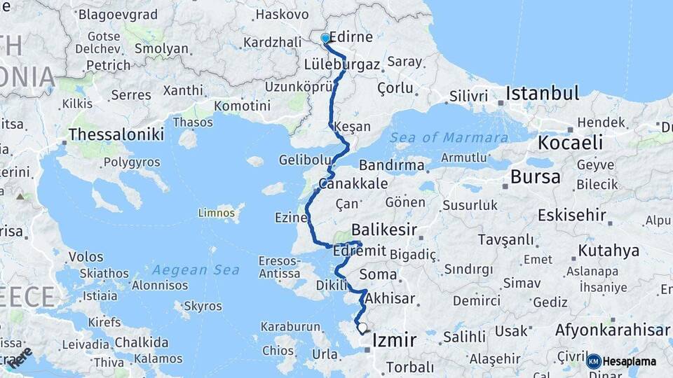 Edirne Menemen İzmir Arası Kaç Km - Yol Haritası