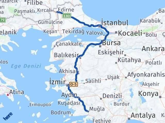 Edirne Menteşe Muğla Arası Kaç Km - Yol Haritası